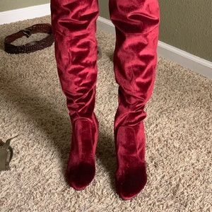 BURGUNDY “VELVET” OVER THE KNEE HEELED BOOT 8.5
